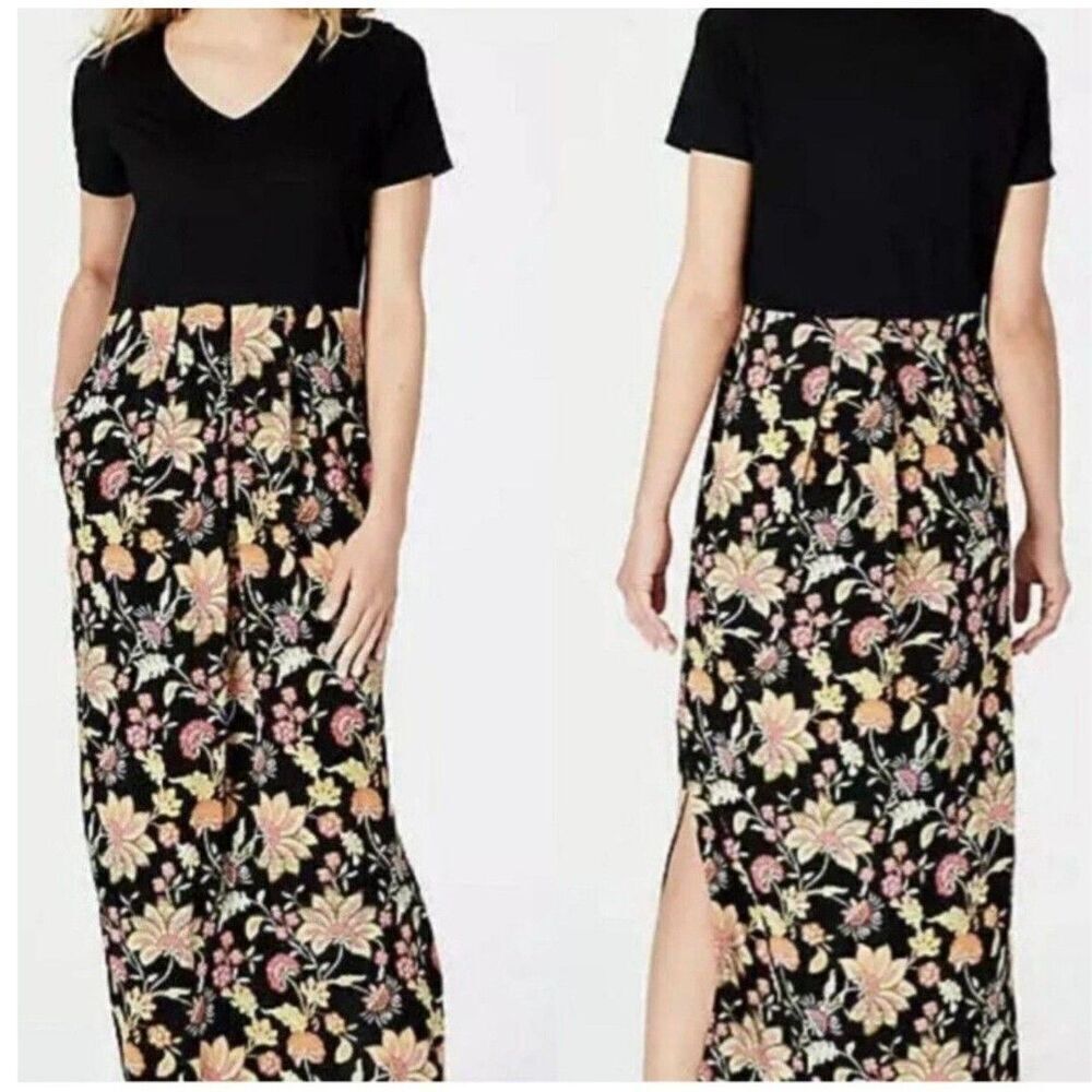 J. Jill Womens Black Floral Mixed Media V-Neck Maxi Dress Pockets Size M